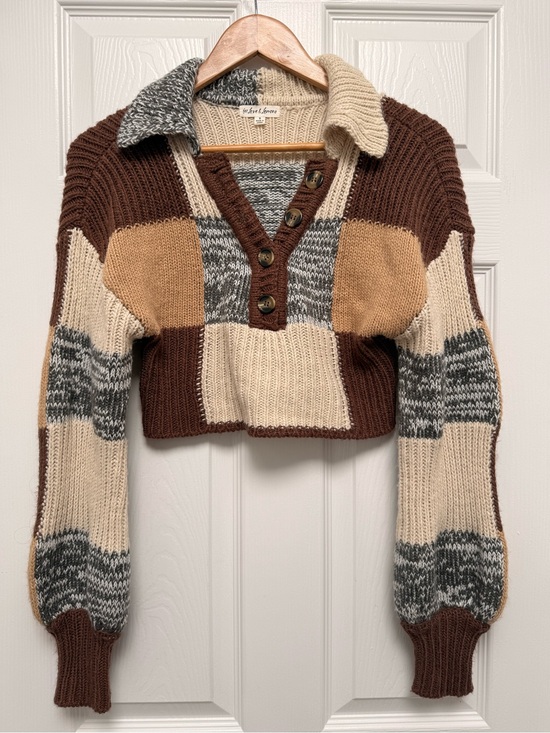 For Love And Lemons Sweaters - For Love & Lemons Patchwork Brown Cropped V Neck Puff Sleeve Knit Sweater Small